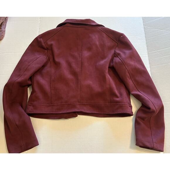 Vigoss Faux Suede Sz Medium Burgundy Moto Biker Jacket 3 Front Zippers Short - Picture 4 of 10